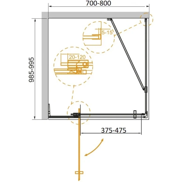 душевой уголок cezares slider slider-ah-1-100-70/80-grigio-boro 70-80x99,5 см, профиль золотой матовый, стекло графитовое