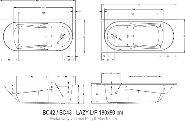 акриловая ванна riho lazy 180х80 l b083001005 (bc4300500000000) без гидромассажа
