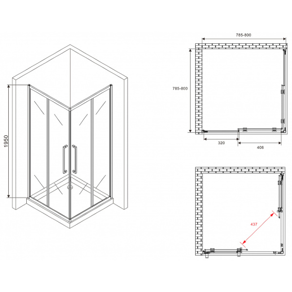 душевой уголок abber schwarzer diamant 80×80 ag02080bdtхh профиль черный, стекло тонированное