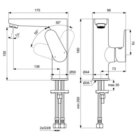 смеситель ideal standard cerafine model o bc555aa для раковины, без донного клапана, хром