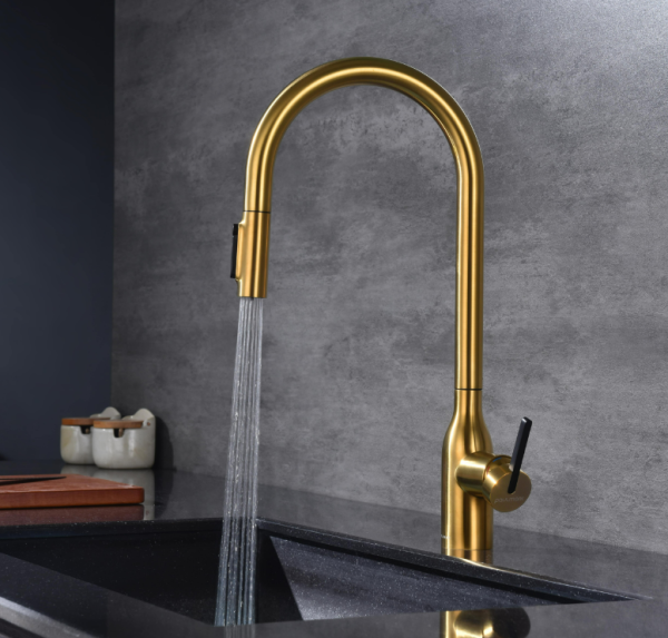 смеситель для кухни paulmark universal un213880-bg, с выдвижным изливом, цвет брашированное золото