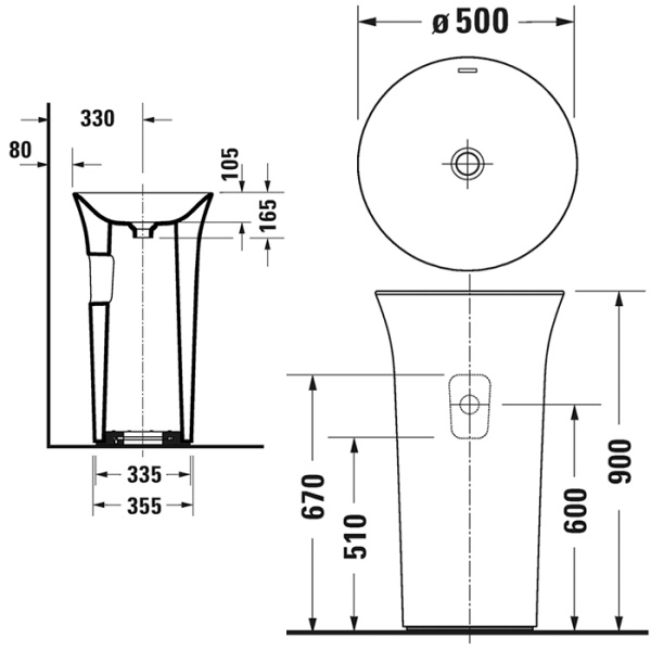 раковина duravit white tulip 2702500070 напольная, без отв под смес, без перелива, сифон, слив в стену, ø50х h90 см, белый