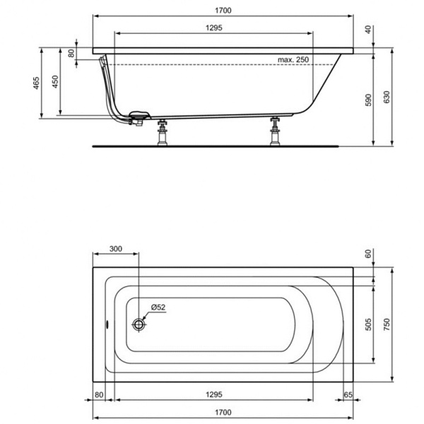 акриловая ванна ideal standard hotline 170х75 k274601 без гидромассажа