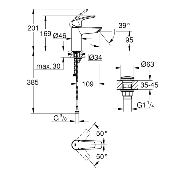 смеситель для раковины с донным клапаном grohe eurosmart 23988003