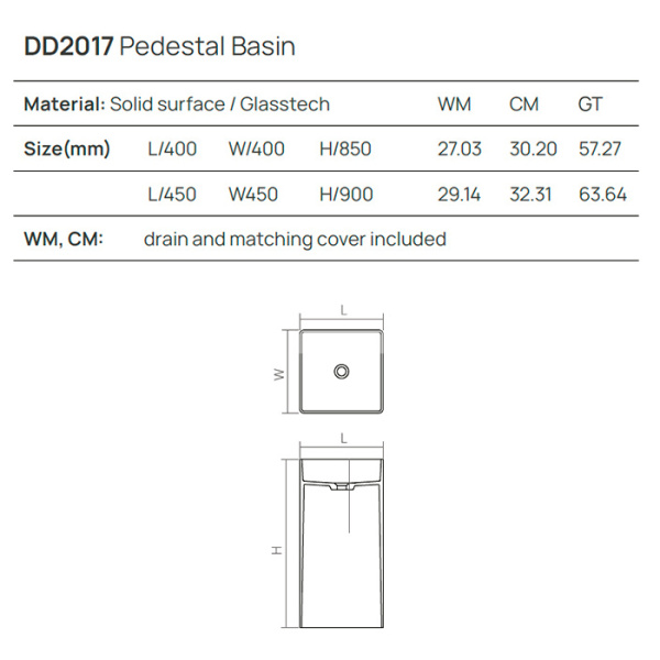 раковина dea design pedestal basin dd2017 450 3 напольная, без отв., glasstech, прозрачная смола, 45х45х90см., grey