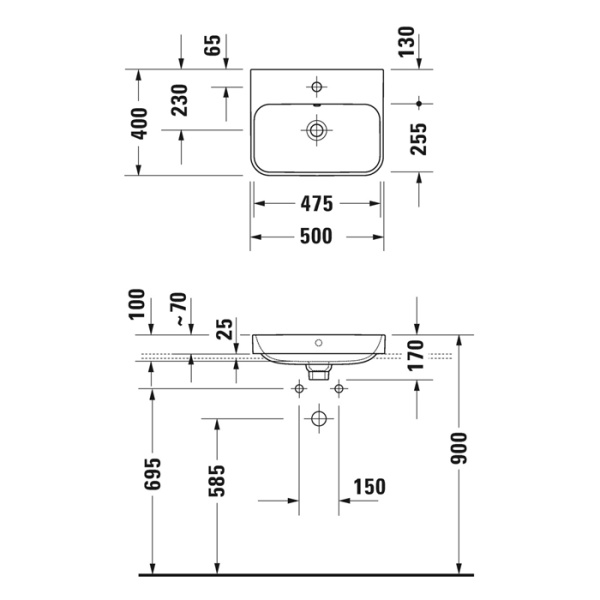 раковина duravit happy d.2 plus 500х400мм с переливом, без отв под смес, с креплением, выпуск с керам. покрытием цвет anthracite matt/белый