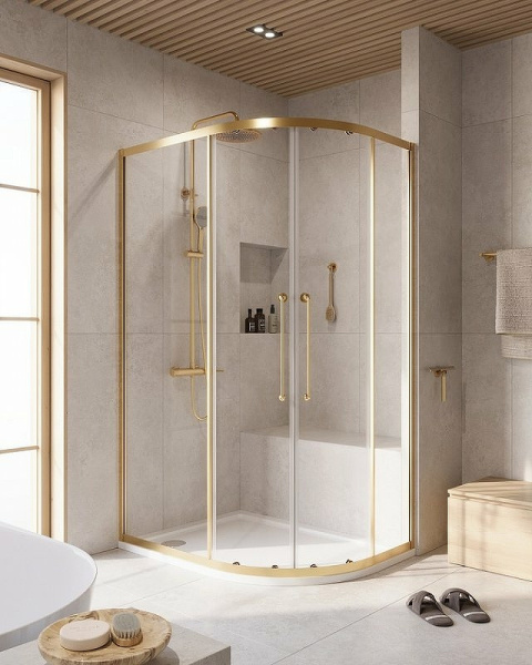 душевой уголок cezares relax-304 120x90 relax-304-rh-2-120/90-c-boro профиль брашированное золото стекло прозрачное
