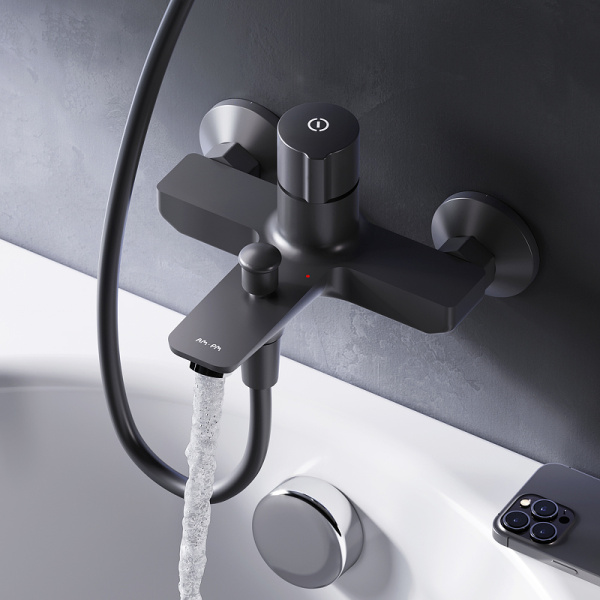 смеситель для ванны am.pm x-joy f85a10522 нажимной, touchreel, цвет черный матовый