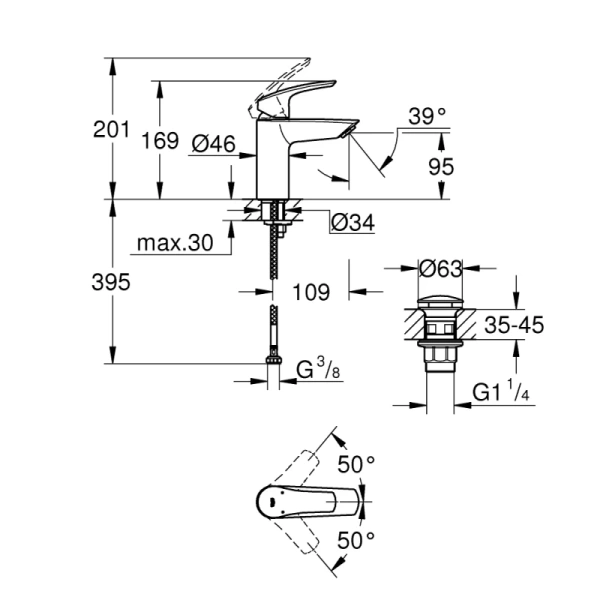смеситель для раковины с донным клапаном grohe eurosmart 23922003