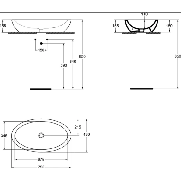 раковина накладная 75 см ideal standard strada k078501
