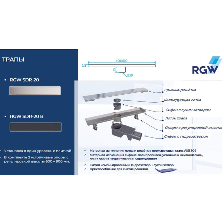 душевой лоток rgw sdr-20 47212080-01 с решеткой хром