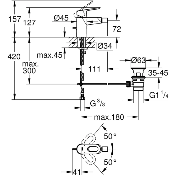 смеситель grohe bauloop 23338000 для биде, с донным клапаном, хром