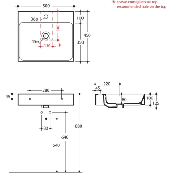 раковина накладная/подвесная kerasan cento 50 см 353001