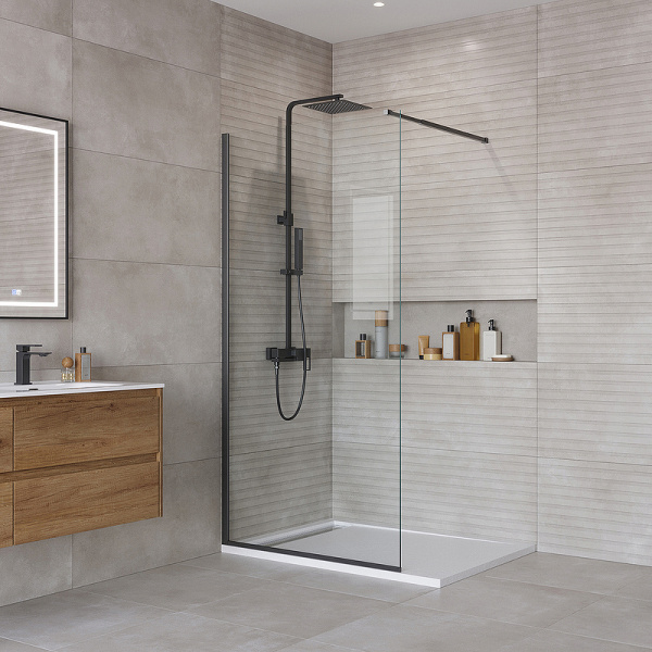 душевая перегородка belbagno kraft 90 kraft-l-1-90-c-nero профиль черный матовый стекло прозрачное