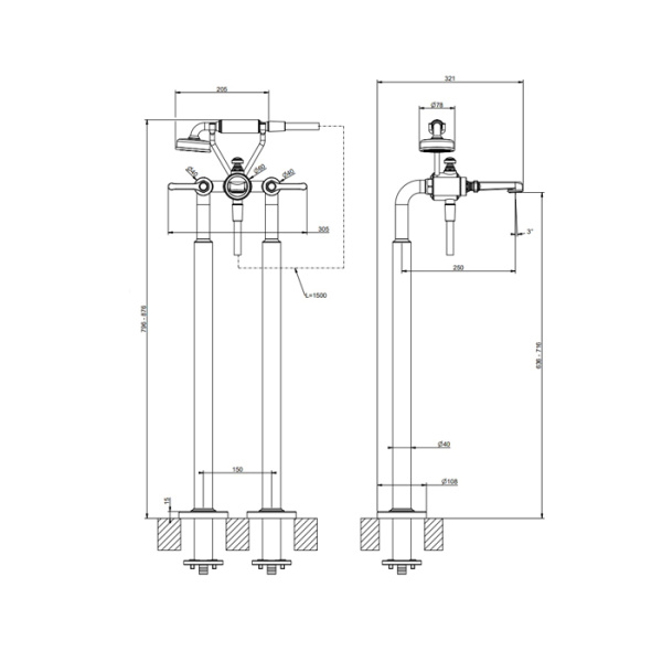 смеситель для ванны gessi venti20 65128#713, напольный, цвет: antique brass