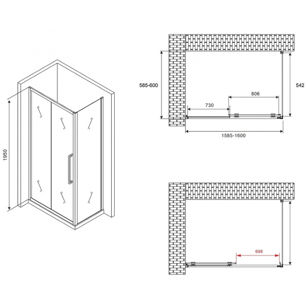 душевой уголок abber schwarzer diamant 160x60 ag30160хh-s60 профиль хром, стекло прозрачное