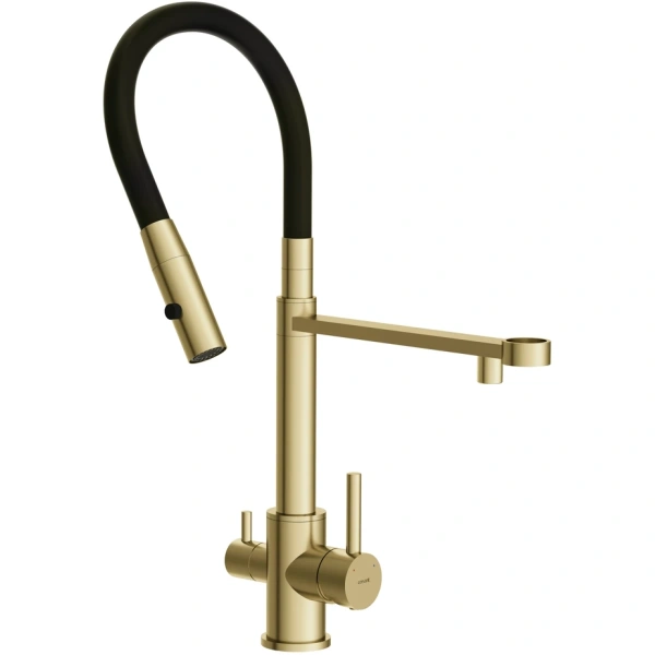 смеситель для кухни cersanit zen a68251 с подключением к фильтру, гибким изливом, золотой матовый/черный смеситель для кухни cersanit zen a68251 с подключением к фильтру, гибким изливом, золотой матовый/черный