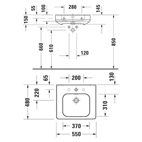 duravit soleil by starck раковина подвесная 550х480х145 мм,с 1 отв под смеситель, с переливом, белая с покрытием wondergliss
