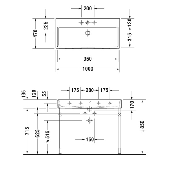 duravit vero air раковина 100cm, с переливом, с площадкой, с 2 отв. под смеситель, на столешницу, белая