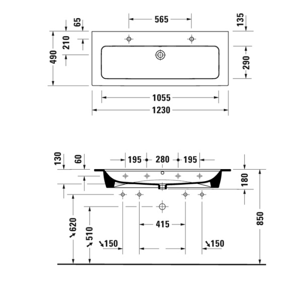 duravit me by starck раковина для мебели 1230х490 мм, с переливом, с площадкой, с 2 отв. под смеситель, белая