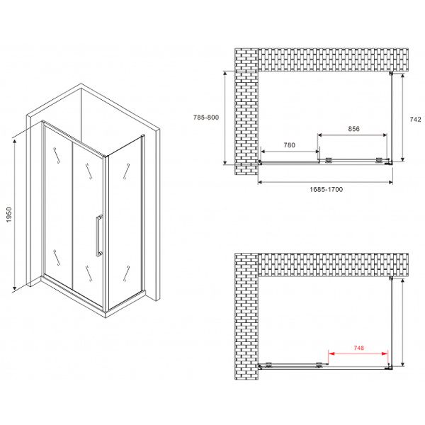 душевой уголок abber schwarzer diamant 170×80 ag30170bmхh-s80bm профиль черный, стекло матовое
