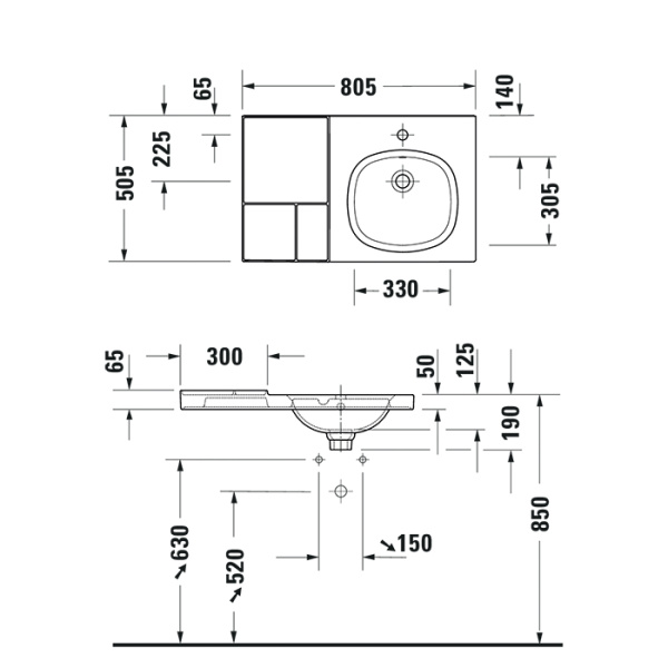 раковина duravit aurena 238880aa00 подвесная, 80x50 см, правая, с 1 отв под смеситель, белая с покрытием hygieneglaze