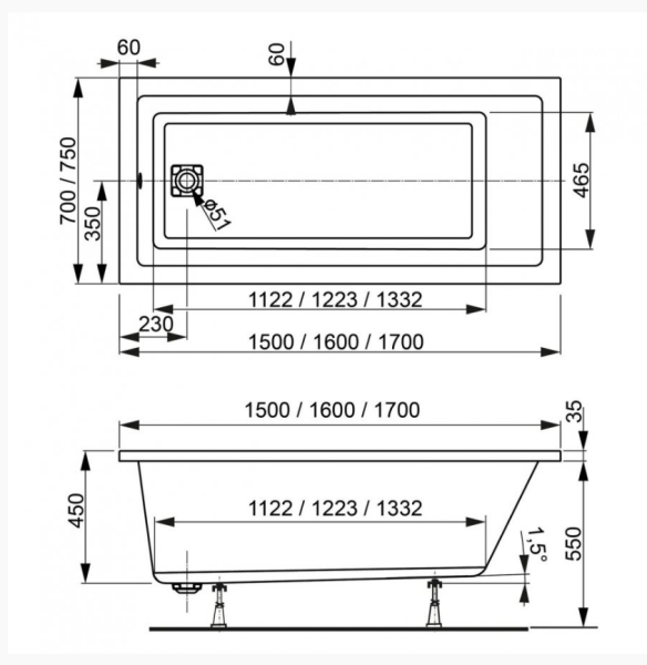 акриловая ванна vagnerplast cavallo 170x75 см vpba157cav2x-04, цвет белый