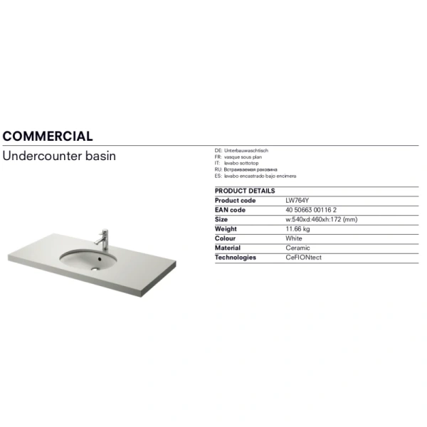 раковина toto public lw764y#xw встраиваемая, 54x46 см, белая