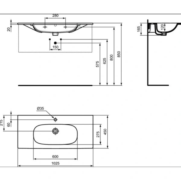раковина накладная/полувстраиваемая 100 см ideal standard tesi t350801