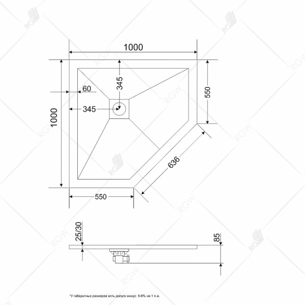 душевой поддон из искусственного камня rgw stone tray st/t-g 100×100 16155100-02 графит