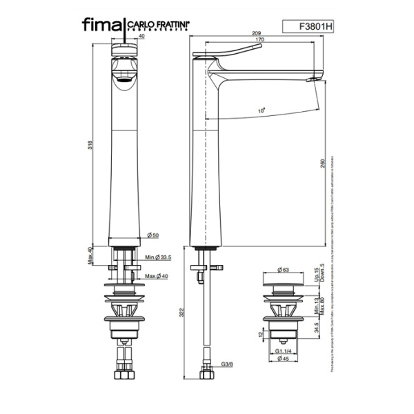 смеситель fima carlo frattini bathroom flo' для раковины f3801/hcr, с донным клапаном, хром