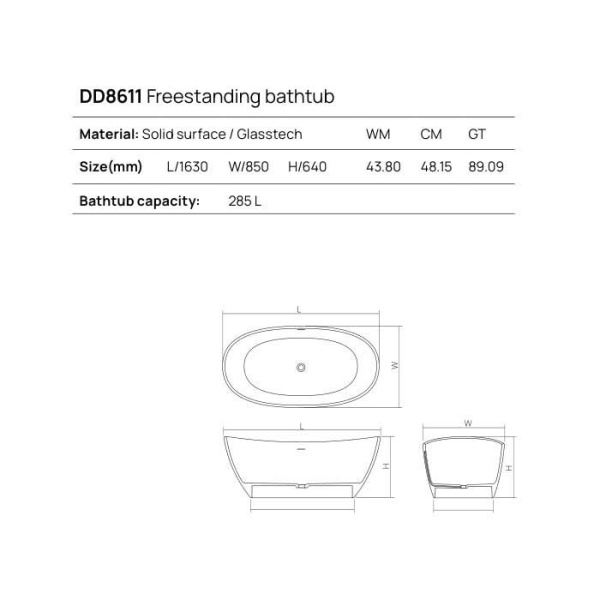 ванна dea design elegant dd8611 1630 r3 отдельностоящая, glasstech, прозрачная смола, 163x85x64см., emerald r3