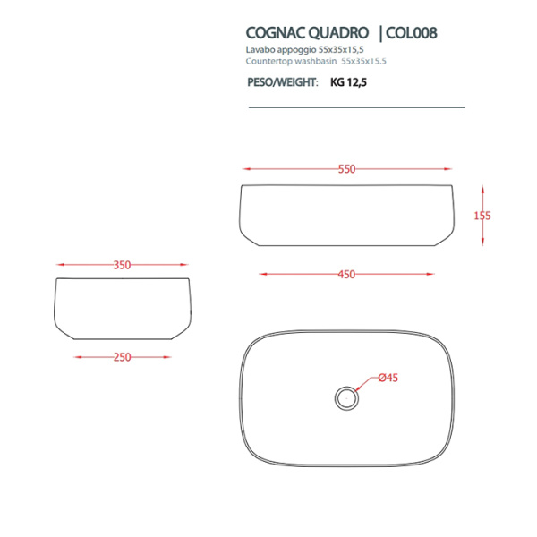 раковина artceram cognac quadro col008 01 34 накладная, без отв., без перелива, на столешницу, saniglaze, 55x35xh15.5 см, белый глянцевый