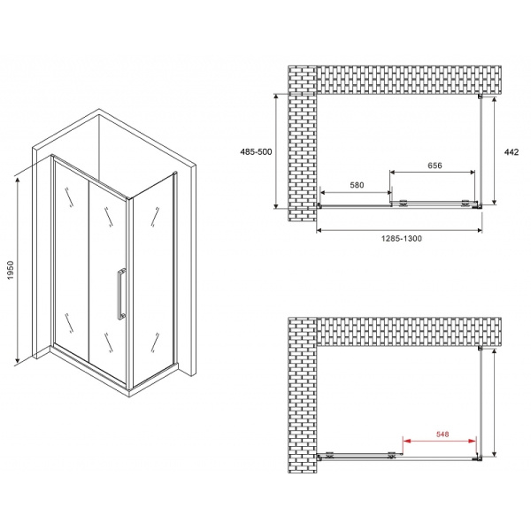 душевой уголок abber schwarzer diamant 130x50 ag30130хh-s50 профиль хром, стекло прозрачное