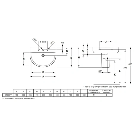 раковина подвесная ideal standard connect arc e796801 45х36 см