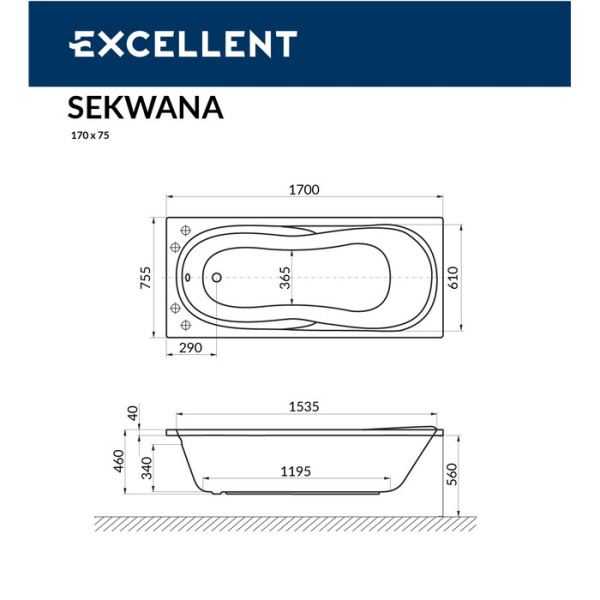 акриловая ванна excellent sekwana 170х75, waex.sek17wh