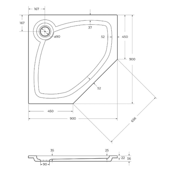 душевой поддон из искусственного камня cezares tray s 90x90 tray-s-p-90-56-w белый