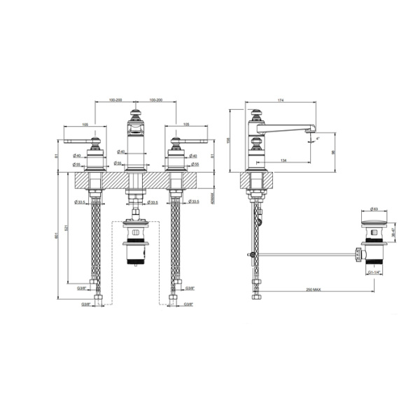 смеситель для раковины gessi venti20 65012#710 с донным клапаном, цвет: brass pvd