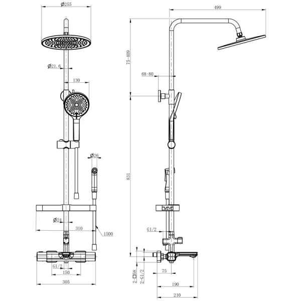 Душевая система Wonzon & Woghand Solid WW-C3011-A1-CR 255 мм, с термостатом, хром