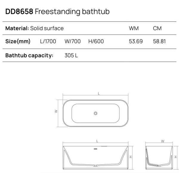ванна dea design soul dd8658 1700 18 отдельностоящая, solid surface, 170х70х60см., white №18