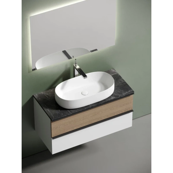 тумба с раковиной sancos delta dl100w + tt100a1x + cn5022 100 см, подвесная, со столешницей, светлый дуб/белый матовый