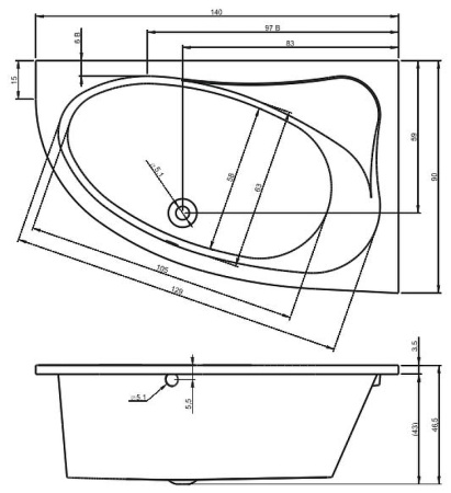 акриловая ванна riho lyra 140x90 b019001005 (ba6500500000000) r без гидромассажа