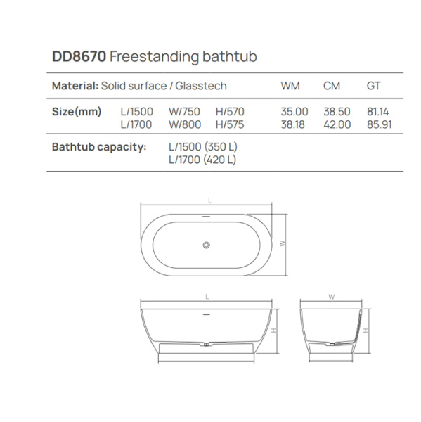 ванна dea design edge dd8670 1700 18 отдельностоящая, 170x80xh57.5см., белый