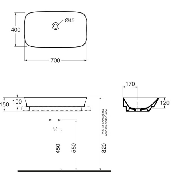 накладная раковина в ванную 70 см azzurra prua prln07040000bi/(pru70/in bi)*0