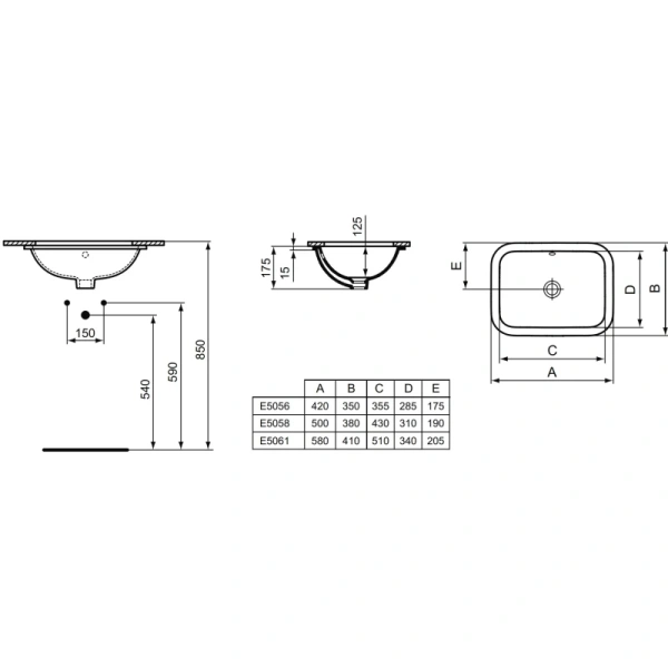раковина встраиваемая ideal standard connect 50см, e505801