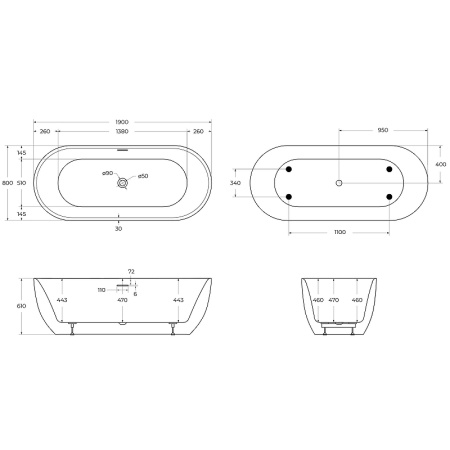 акриловая ванна belbagno 190x80 bb417-1900-800 без гидромассажа