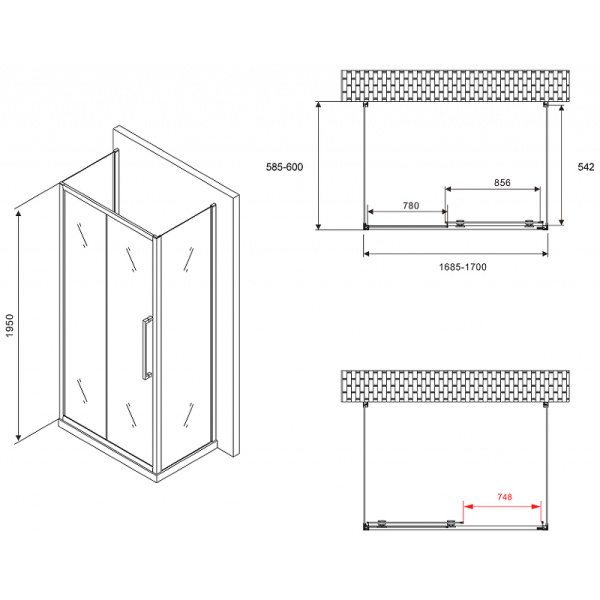 душевой уголок abber schwarzer diamant 170x60 ag30170bхh-s60b-s60b профиль черный, стекло прозрачное
