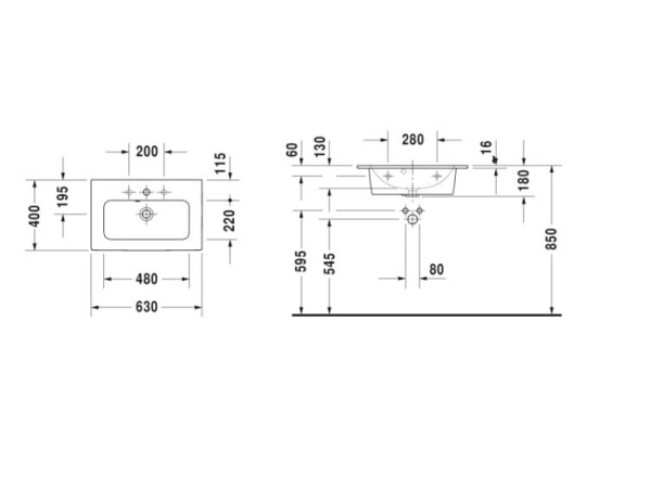 раковина полувстраиваемая/накладная duravit me by starck 63 см, 23426300001