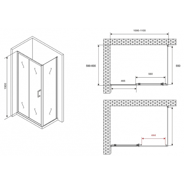 душевой уголок abber schwarzer diamant 110x60 ag301105-s605 профиль хром, стекло прозрачное