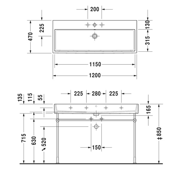 duravit vero air раковина 120 cm, с переливом, с площадкой, с 3 отв. под смеситель, белая